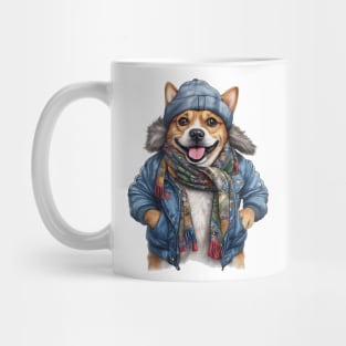 Corgi dog wearing a leather jacket and hat Mug